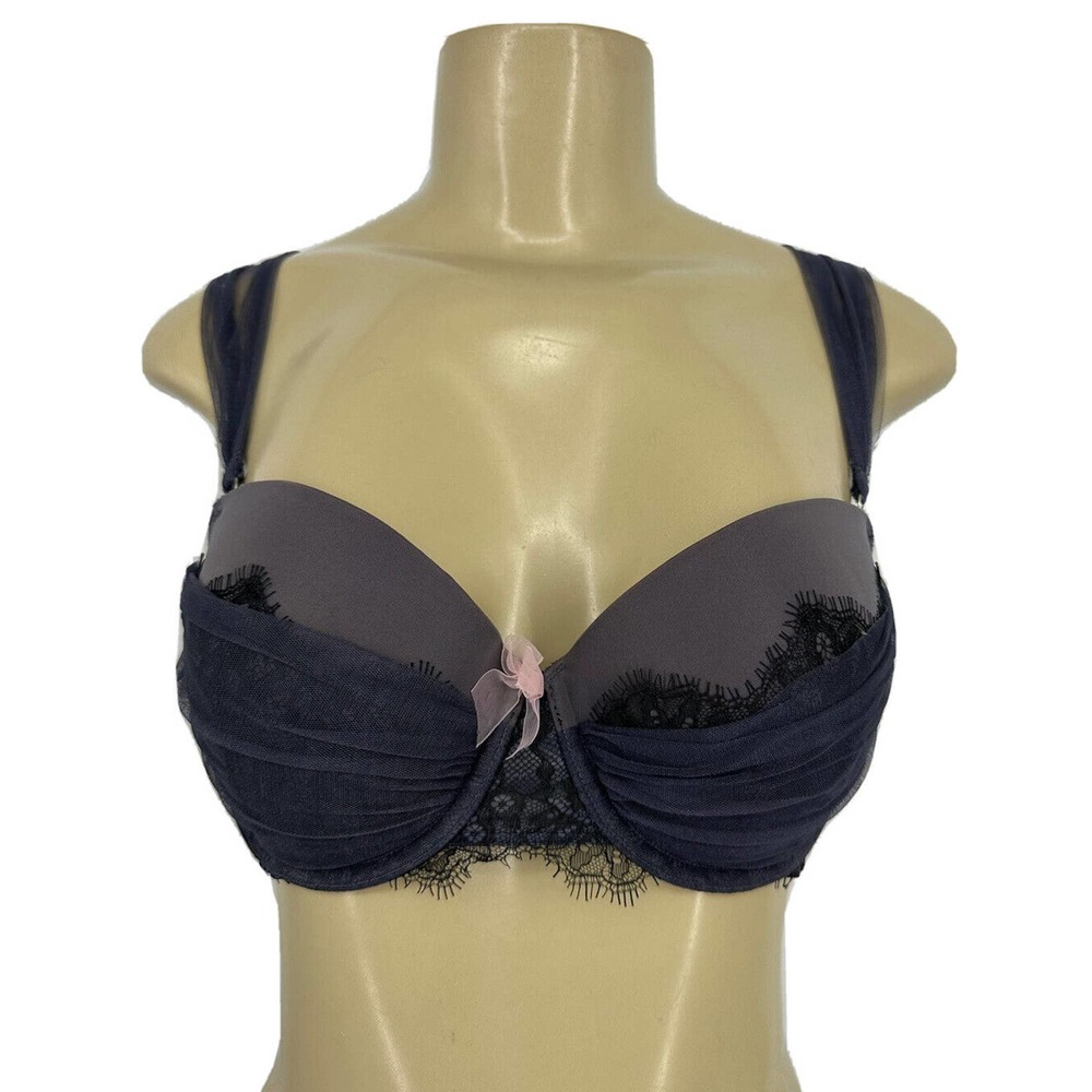 Victoria's Secret Navy and Gray Lace Push-Up Bra with Pink Bow